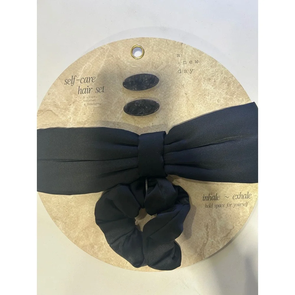 A New Day Self-Care Hair Set Black Headwrap‎ Scrunchie 2 Clips 4 Piece Kit